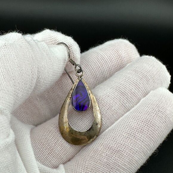 Vintage 925 Silver Purple Abalone Shell MOP in Resin Dangle Hook Earrings 1.75" - Picture 8 of 12